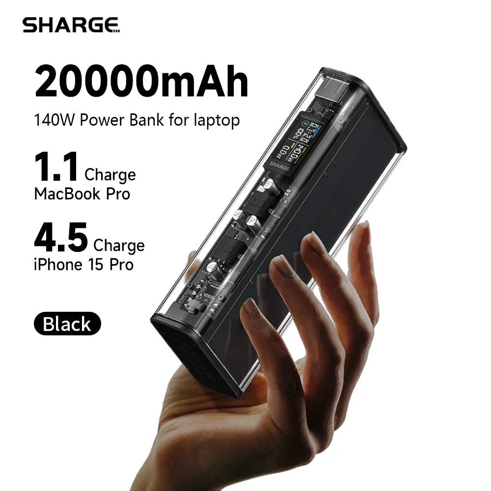 Cargador portátil SHARGEEK 140W y 20000 mAh, transparente, con pantalla inteligente para MacBook Pro y iPhone.