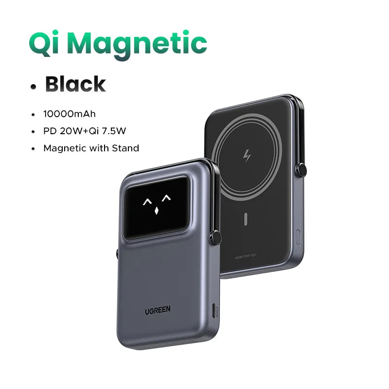 UGREEN Uno Power Bank 5000/10000mAh Magnética Inalámbrica, 20W Carga Rápida Cargador Portátil con Soporte Plegable, Pantalla TFT Compatible con iPhone Series