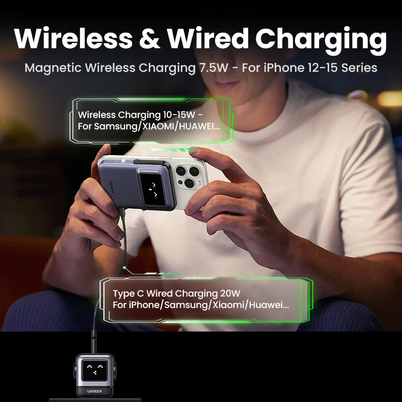 UGREEN Uno Power Bank 5000/10000mAh Magnética Inalámbrica, 20W Carga Rápida Cargador Portátil con Soporte Plegable, Pantalla TFT Compatible con iPhone Series