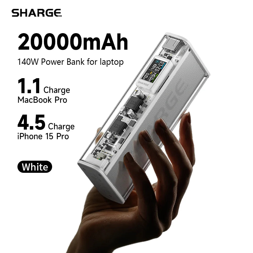 Cargador portátil SHARGEEK 140W y 20000 mAh, transparente, con pantalla inteligente para MacBook Pro y iPhone.