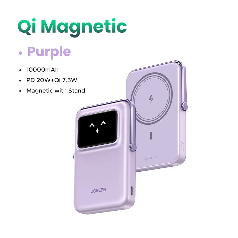 UGREEN Uno Power Bank 5000/10000mAh Magnética Inalámbrica, 20W Carga Rápida Cargador Portátil con Soporte Plegable, Pantalla TFT Compatible con iPhone Series