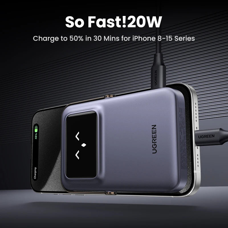 UGREEN Uno Power Bank 5000/10000mAh Magnética Inalámbrica, 20W Carga Rápida Cargador Portátil con Soporte Plegable, Pantalla TFT Compatible con iPhone Series
