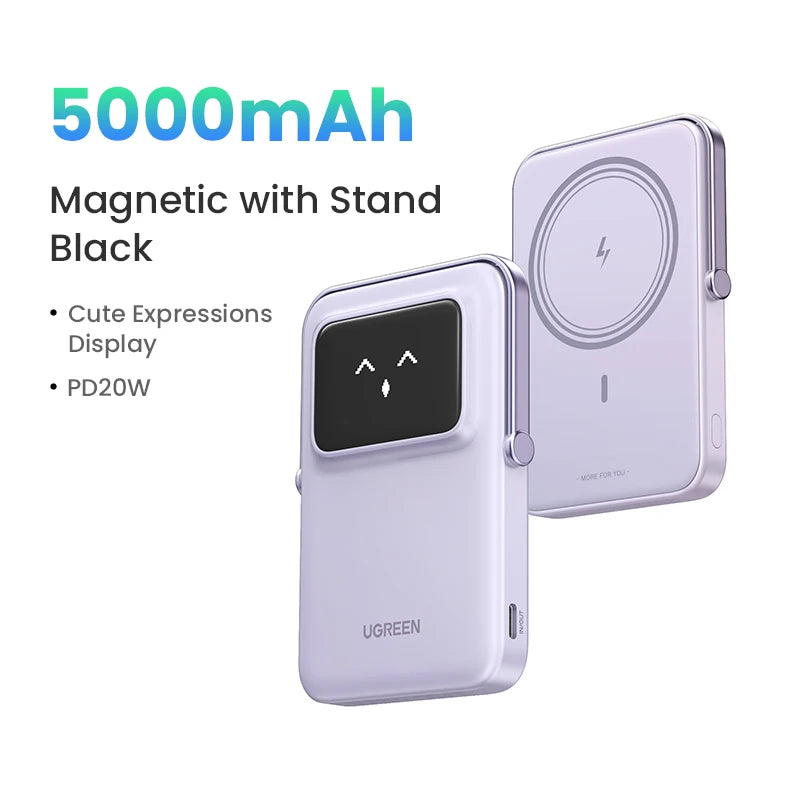 UGREEN Uno Power Bank 5000/10000mAh Magnética Inalámbrica, 20W Carga Rápida Cargador Portátil con Soporte Plegable, Pantalla TFT Compatible con iPhone Series