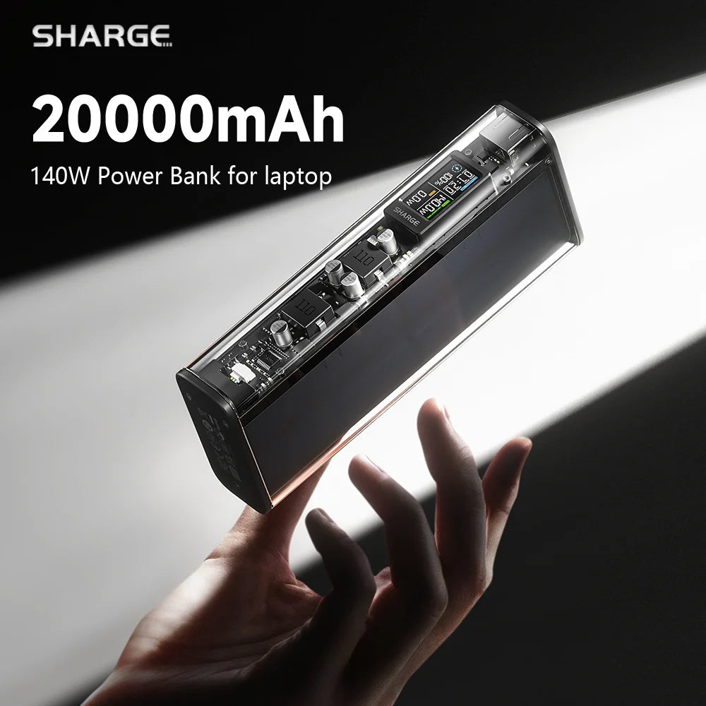Cargador portátil SHARGEEK 140W y 20000 mAh, transparente, con pantalla inteligente para MacBook Pro y iPhone.