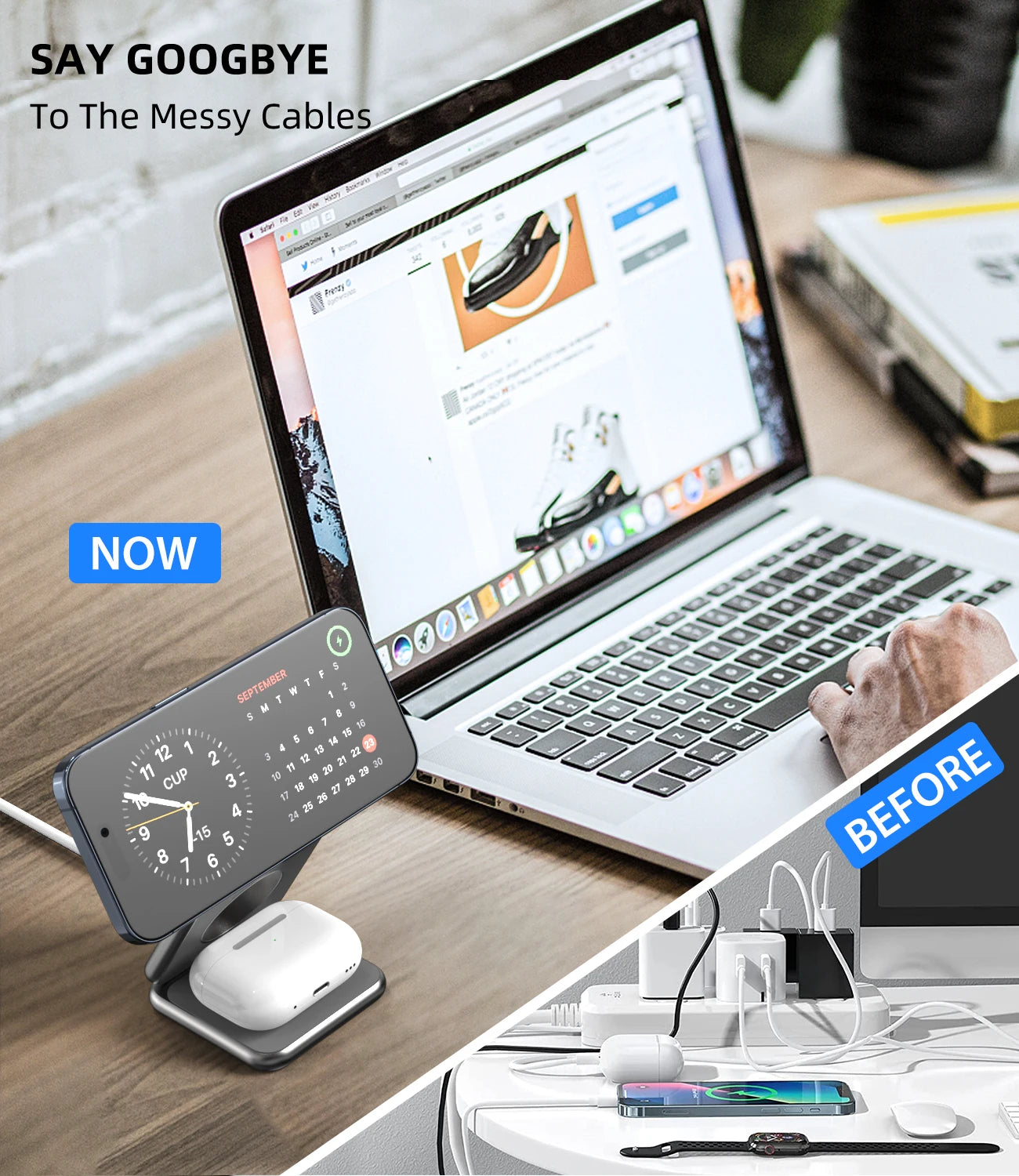 Soporte de carga inalámbrica magnético plegable KUXIU X40 para iPhone, AirPods, iWatch Series