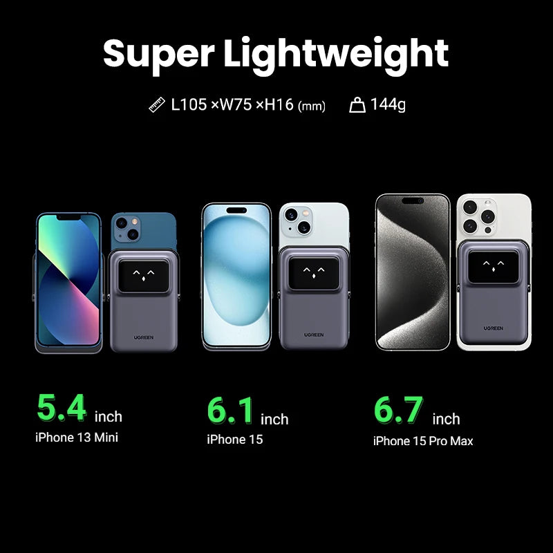 UGREEN Uno Power Bank 5000/10000mAh Magnética Inalámbrica, 20W Carga Rápida Cargador Portátil con Soporte Plegable, Pantalla TFT Compatible con iPhone Series