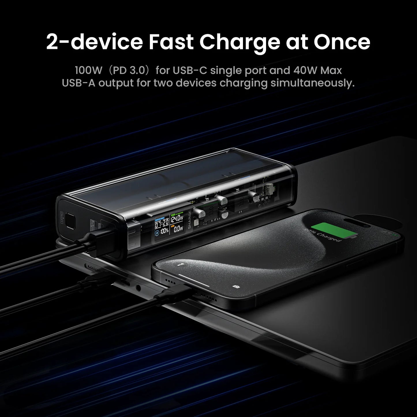 Cargador portátil SHARGEEK 140W y 20000 mAh, transparente, con pantalla inteligente para MacBook Pro y iPhone.