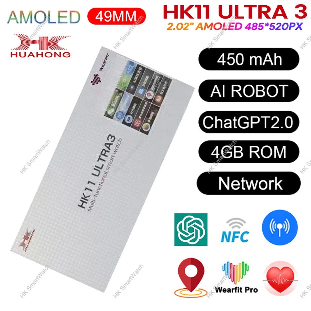 Smartwatch HK11 Ultra 3 original de 2025, 49 mm, AMOLED, con IA, Bluetooth, llamadas, NFC, GPS y brújula, para hombre y mujer.