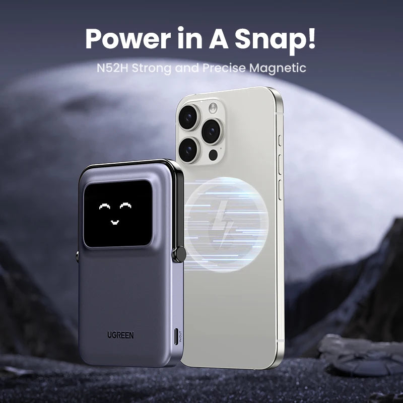 UGREEN Uno Power Bank 5000/10000mAh Magnética Inalámbrica, 20W Carga Rápida Cargador Portátil con Soporte Plegable, Pantalla TFT Compatible con iPhone Series