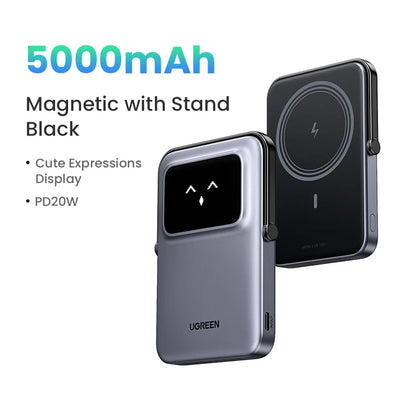 UGREEN Uno Power Bank 5000/10000mAh Magnética Inalámbrica, 20W Carga Rápida Cargador Portátil con Soporte Plegable, Pantalla TFT Compatible con iPhone Series