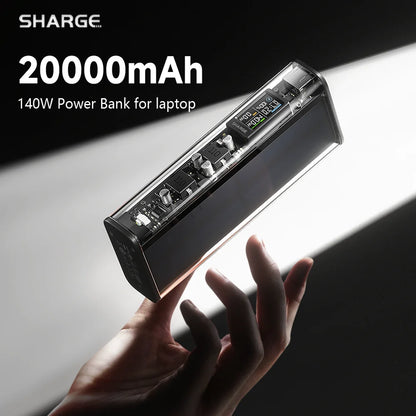 Cargador portátil SHARGEEK 140W y 20000 mAh, transparente, con pantalla inteligente para MacBook Pro y iPhone.