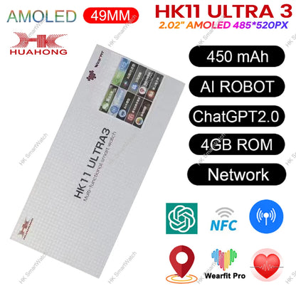 Smartwatch HK11 Ultra 3 original de 2025, 49 mm, AMOLED, con IA, Bluetooth, llamadas, NFC, GPS y brújula, para hombre y mujer.